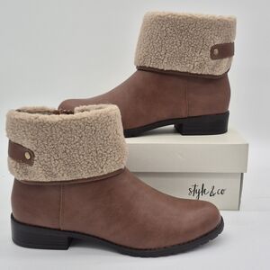 Style & Co  Women's 10 M Brown Leather Faux Fur Flat Ankle Boots